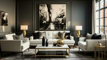 luxuriös möbliert Leben Zimmer, geräumig gemütlich Sofa, schwarz und Weiß einfarbig Palette, elegant Innere Design, ai generativ foto