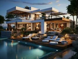 3d modern Villa mit ein Schwimmen Schwimmbad und Salon Bereich ai generativ foto