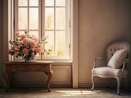 Innere Zimmer mit elegant Fenster und stilvoll Blume im Ecke ai generativ foto