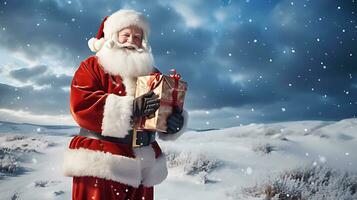 heiter Santa claus mit die Geschenke Stehen generiert durch ai foto