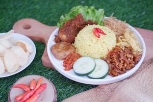 indonesisch Stil Gelb Reis mit gehackt Hähnchen im Weiß Teller auf Grün Gras Hintergrund foto