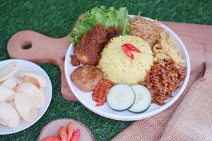 indonesisch Stil Gelb Reis mit gehackt Hähnchen im Weiß Teller auf Grün Gras Hintergrund foto