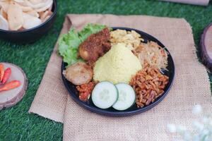 indonesisch Stil Gelb Reis mit Hähnchen und Seite Geschirr im schwarz Teller auf Grün Gras Hintergrund foto