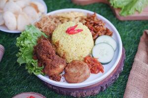 indonesisch Stil Gelb Reis mit gehackt Hähnchen im Weiß Teller auf Grün Gras Hintergrund foto