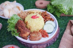 indonesisch Stil Gelb Reis mit gehackt Hähnchen im Weiß Teller auf Grün Gras Hintergrund foto