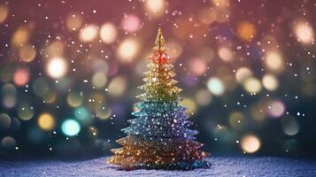 Weihnachten Baum Weihnachten Urlaub Dekoration mit funkeln Bokeh Hintergrund, generativ ai foto