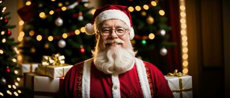 Santa lächelnd im Weihnachten mit Geschenke und Weihnachten Baum, ai generiert foto