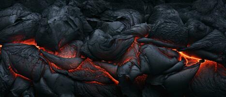 heiß glühend Vulkan Lava, schwarz Orange Hitze Hintergrund, ai generiert foto