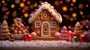 Lebkuchen Haus mit Weihnachten Dekoration Weihnachten Urlaub Süßigkeiten, generativ ai foto