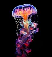 glühend Qualle schwimmen tief im Blau Meer, Neon- Qualle Fantasie auf schwarz Hintergrund, ai generativ foto