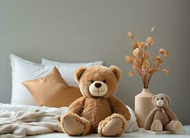 Kinder- Bett mit Spielzeug Bär im Schlafzimmer, ai generativ foto