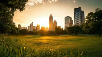 Bangkok schön Aussicht von Lumpini Park. Grün Gras Feld im Park beim Stadt Center mit Büro Gebäude städtisch Hintergrund Thailand. generativ ai foto