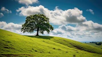 Landschaft Aussicht von einer groß Baum auf das oben von das Hügel mit Grün Gras auf ein Hang mit Blau Himmel und Wolken im das Hintergrund. generativ ai foto