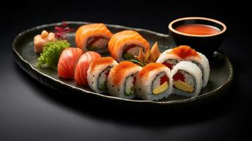 knackig maki Ö ein Sushi Teller im Restaurant. japanisch Lebensmittel. generativ ai foto