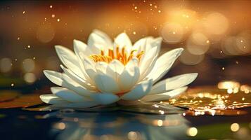 ein Weiß Lotus im ein golden Magie Teich. generativ ai foto