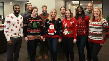 ai generativ Geschäft Menschen im Weihnachten Büro Sozial sammeln, treffen, Party foto