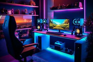 Innere von ein modern Spielen Zimmer mit ein Menge von Computer Ausrüstung Neon- Beleuchtung ai generiert foto