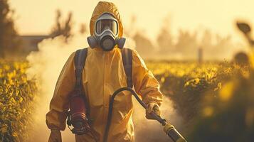 ein Mann tragen schützend Kleidung ausräuchern Feld mit Pestizid oder Insektizid. generativ ai foto