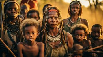 Gruppe von Menschen und Kinder von afrikanisch Stamm Komplett mit kulturell Tätowierungen, Kosmetika und Stein-Holz Speer Waffen. ethnisch Gruppen im Afrika. generativ ai foto