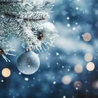 Weihnachten Baum, Ornamente und defokussiert Hintergrund, ai generiert foto