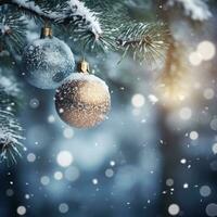 Weihnachten Baum, Ornamente und defokussiert Hintergrund, ai generiert foto