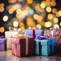 Weihnachten Geschenk Kisten mit Urlaub, defokussiert Hintergrund, generativ ai foto