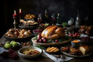 das Erntedankfest Abendessen Tabelle mit geröstet Truthahn, gebacken Kartoffeln, Wein, Obst und Gemüse, generativ ai foto
