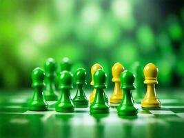 Schach Tafel mit Bauern, Strategie und Taktik, verschwommen Hintergrund und Grün Farbe Illustration foto