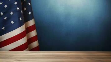 Denkmal Tag im USA, hölzern Schreibtisch, amerikanisch Flagge im Hintergrund. generativ ai foto