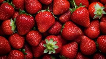 Nahansicht von beschwingt, saftig Erdbeeren mit Wasser Tröpfchen, Füllung das rahmen. generativ ai foto