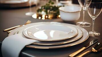 ein luxuriös Essen Tabelle installieren mit makellos Teller, elegant Glaswaren, und Umgebungs Kerzenlicht, bereit zum ein raffiniert Abend. generativ ai foto