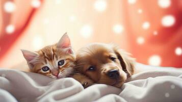 Hund und Katze zusammen, glücklich Haustiere auf Bett. generativ ai foto