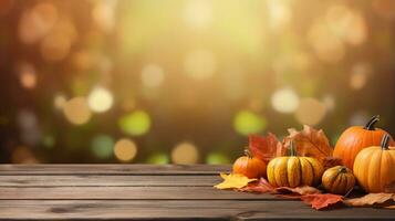 Herbst Komposition mit Kürbisse und gefallen Blätter auf ein hölzern Oberfläche gegen ein Bokeh Hintergrund. generativ ai foto