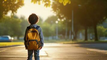 Kind mit ein Rucksack, eifrig warten das Schule Bus, ein mischen von Nerven und Aufregung. generativ ai foto