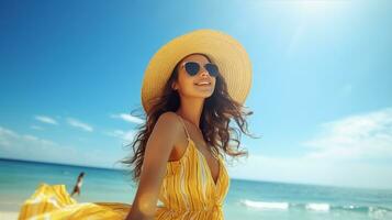 froh jung Frau tragen ein Sonne Hut, lächelnd gegen ein hell Blau Himmel mit flauschige Weiß Wolken. generativ ai foto