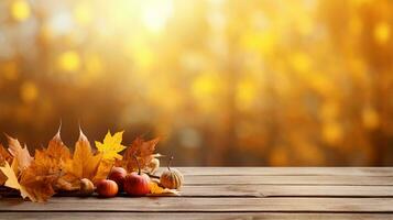 Herbst Komposition mit Kürbisse und gefallen Blätter auf ein hölzern Oberfläche gegen ein Bokeh Hintergrund. generativ ai foto
