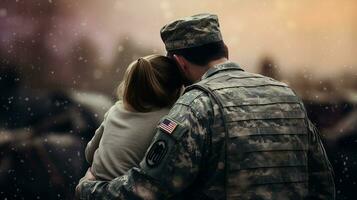 Militär- Soldat, Vater und Kind, USA amerikanisch Flagge. generativ ai foto