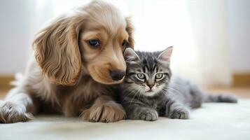 Hund und Katze zusammen, Haustier auf Weiß Hintergrund. generativ ai foto