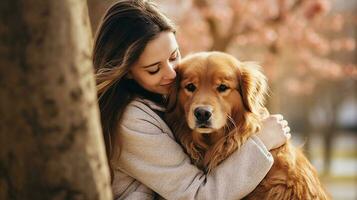 Hund und Frau, Frühling oder Herbst Tag im Park. generativ ai foto