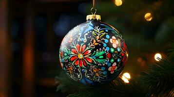 Weihnachten Baum Ball mit Volk Ornament. ai generiert Bild. foto