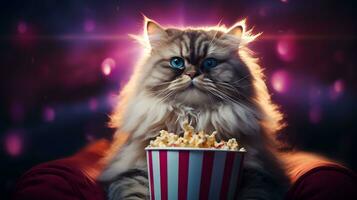 Super süß flauschige Katze Aufpassen Film im das Kino. ai generiert Bild. foto
