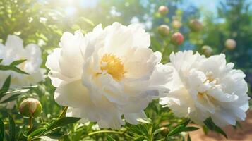 Garten von blühen Weiß Pfingstrose Blumen. ai generiert Bild foto