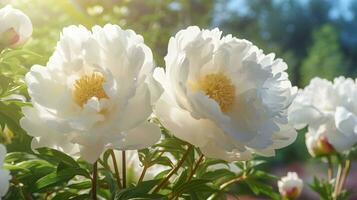 Garten von blühen Weiß Pfingstrose Blumen. ai generiert Bild foto