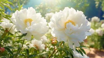 Garten von blühen Weiß Pfingstrose Blumen. ai generiert Bild foto