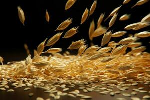 Weizen Produkt im Bewegung, mit Körner dynamisch suspendiert im das Luft ai generiert foto