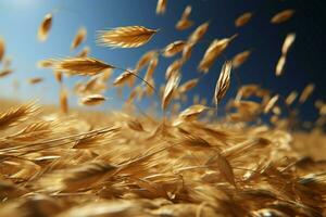 Weizen Körner hochfliegend durch das Luft, ein Darstellung von landwirtschaftlich Produkte ai generiert foto