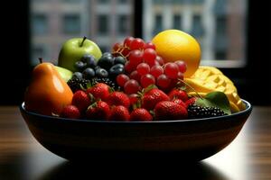 ein geschmackvoll Anordnung von sortiert Früchte im ein dekorativ Schüssel ai generiert foto
