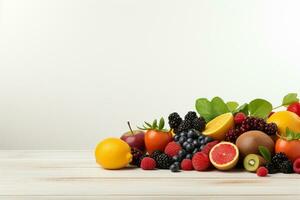 Früchte und Beeren auf Weiß Hintergrund. gesund Essen Hintergrund. ai generiert foto