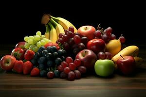 Früchte ordentlich vereinbart worden auf ein Tisch, Angebot ein visuell behandeln ai generiert foto