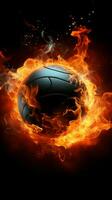 Inferno inspiriert Volleyball auf ein schwarz Hintergrund, symbolisieren lodernd Leidenschaft Vertikale Handy, Mobiltelefon Hintergrund ai generiert foto
